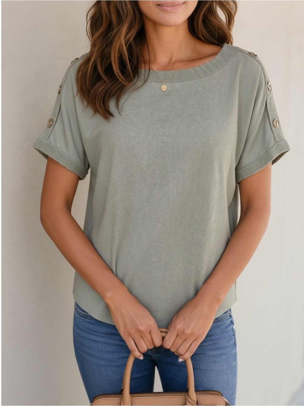 Melissa Paige Tea Green Button Shoulder Knit Top Medium NWT